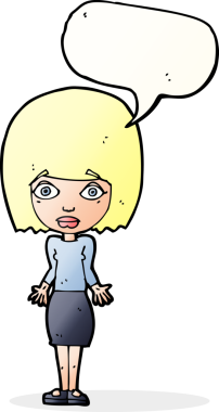 Bir insan tarafından çizilmiş konuşma baloncuğuyla omuz silken çizgi film kadını.