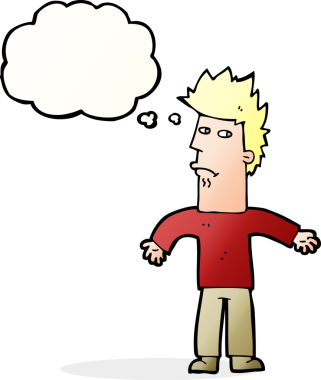 Bir insan tarafından çizilmiş düşünce baloncuğu olan kafası karışmış bir adam.