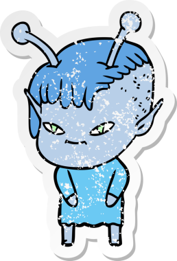 Bir insan tarafından çizilmiş sevimli uzaylı bir kızın sıkıntılı çıkartması.