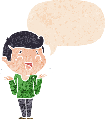 Gülen karikatür kafası karışık bir adam grunge 'da sıkıntılı bir retro stil çizmiş bir insan tarafından çizilmiş