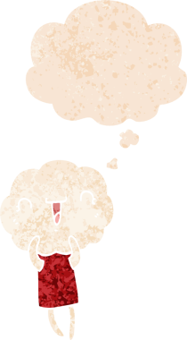 Düşünce baloncuğu ve grunge dertli retro desenli bir insan tarafından çizilmiş şirin çizgi film başlıklı yaratık.