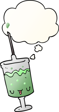 Düşünce baloncuğu olan karikatür şırıngası bir insan tarafından çizilmiş.