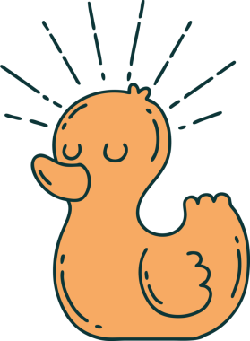 Bir insan tarafından çizilmiş geleneksel dövme stili plastik ördeğin resmi.