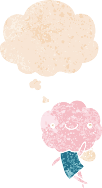 Düşünce baloncuğu olan sevimli bulut kafalı yaratık bir insan tarafından çizilmiş dertli retro desenli