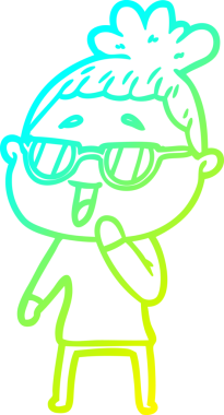 Bir insan tarafından çizilmiş gözlük takan mutlu bir kadının çizgi film çizimi.