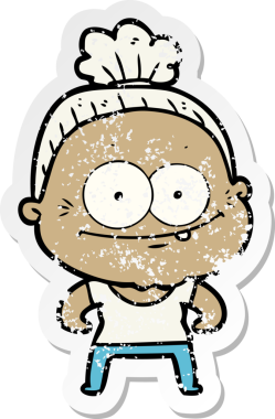 Bir insan tarafından çizilmiş mutlu, yaşlı bir kadının sıkıntılı çıkartması.