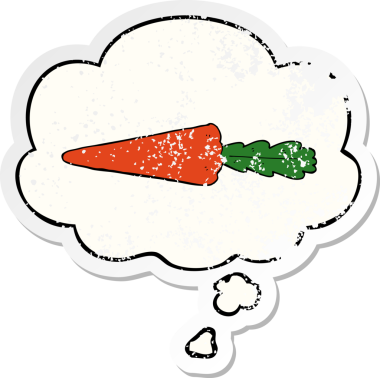 Düşünce baloncuklu çizgi film havucu insan tarafından çizilmiş yıpranmış bir çıkartma gibi.