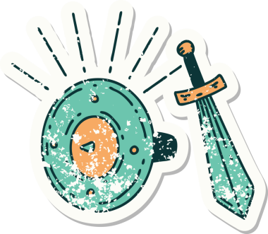 Dövme stili bir kalkanın eski bir çıkartması ve bir insan tarafından çizilmiş kılıç.