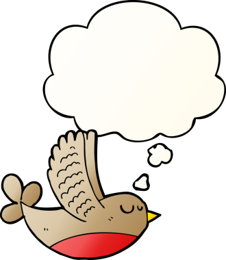 Düşünce baloncuğu olan çizgi film kuşu bir insan tarafından çizilmiş.