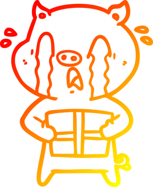 Bir insan tarafından çizilmiş Noel hediyesini getiren ağlayan bir domuz çizgi filminin sıcak gradyan çizimi