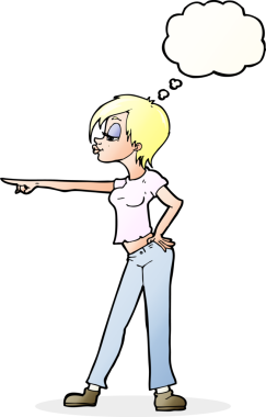 Bir insan tarafından çizilmiş düşünce balonuyla işaret eden çizgi film kadını.