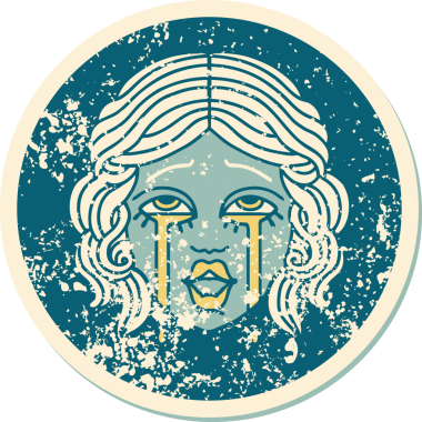 Bir insan tarafından çizilmiş çok mutlu, ağlayan bir kadın yüzünün sembolik, kederli dövme tarzı görüntüsü.