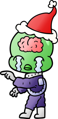 Ağlayan ve Noel Baba şapkası takan büyük beyinli bir uzaylının el çizimi karikatürü.