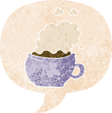 Bir insan tarafından çizilmiş, grunge 'de konuşma baloncuğu olan sıcak bir fincan çizgi film kahvesi.