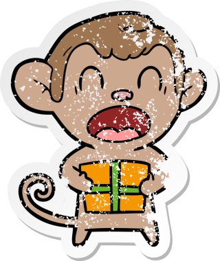 Bir insan tarafından çizilmiş Noel hediyesini taşıyan bağıran çizgi film maymunu çıkartması.