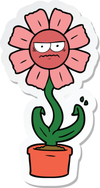 Bir insan tarafından çizilmiş kızgın bir karikatür çiçeğinin çıkartması.