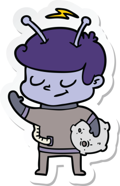 Bir insan tarafından çizilmiş meteor tutan dost canlısı bir uzay adamının çıkartması.