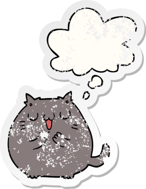 Düşünce baloncuğu olan mutlu çizgi film kedisi bir insan tarafından çizilmiş yıpranmış bir çıkartma.