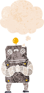 grunge 'da düşünce baloncuğu olan karikatür robotu bir insan tarafından çizilmiş gerilimli retro stil