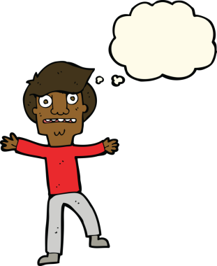 Bir insan tarafından çizilen düşünce baloncuğuyla panikleyen çizgi film çocuğu.