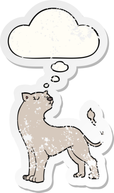 Düşünce baloncuğu olan karikatür dişi aslan bir insan tarafından çizilmiş yıpranmış bir çıkartma.