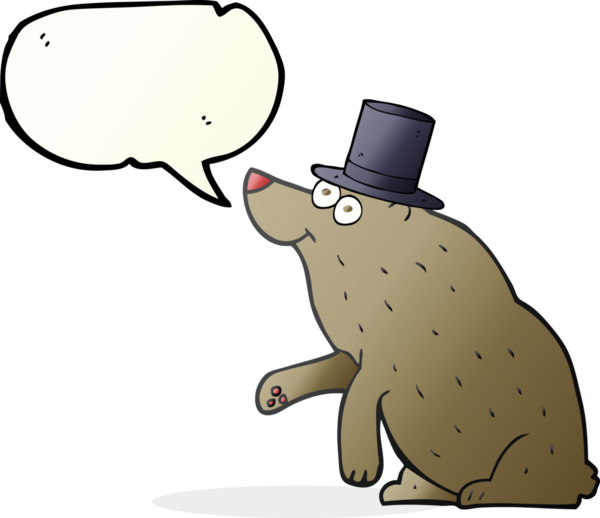 Bir insan tarafından çizilmiş silindir şapkalı serbest konuşma balonu çizgi film ayısı.