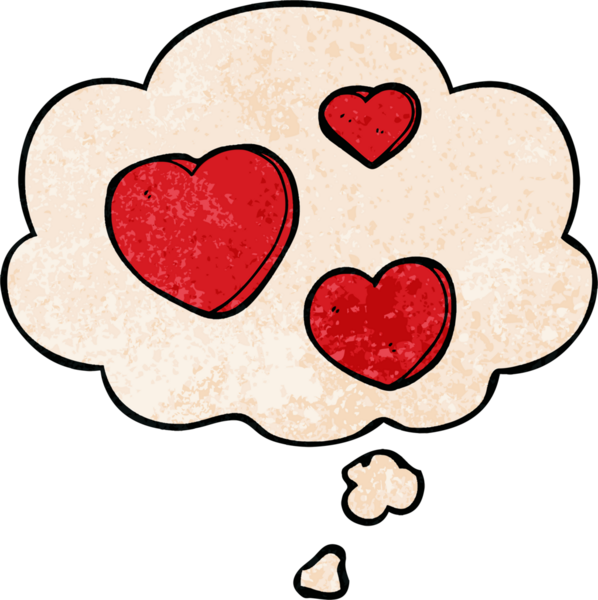 insan tarafindan çizilmis grunge dokuma tarzinda dusunce baloncugu olan karikatür ask kalpleri.