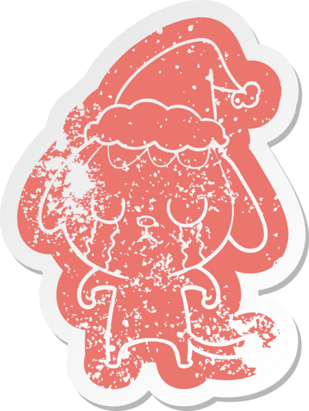 Sevimli karikatür hüzünlü bir köpek çıkartması Noel Baba şapkası giymiş bir insan tarafından çizilmiş.