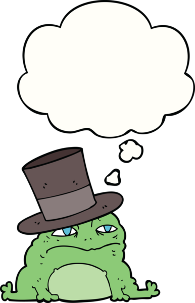 Bir insan tarafından çizilmiş düşünce baloncuklu zengin kurbağa çizgi filmi.