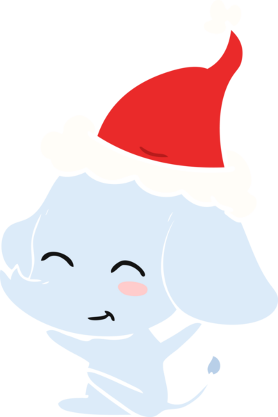 Bir insan tarafından çizilmiş Noel Baba şapkası takan bir filin düz renkli çizimi.