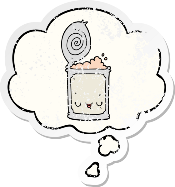 Düşünce baloncuklu konserve yiyecekler insan tarafından çizilmiş yıpranmış bir çıkartma gibi.