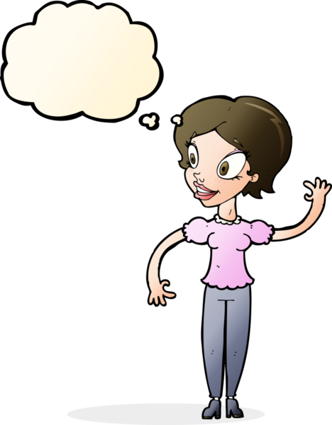 Bir insan tarafından çizilmiş düşünce baloncuğuyla el sallayan çizgi film kadını.