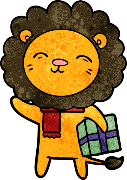 Bir insan tarafından çizilmiş noel hediyeli çizgi film aslanı.