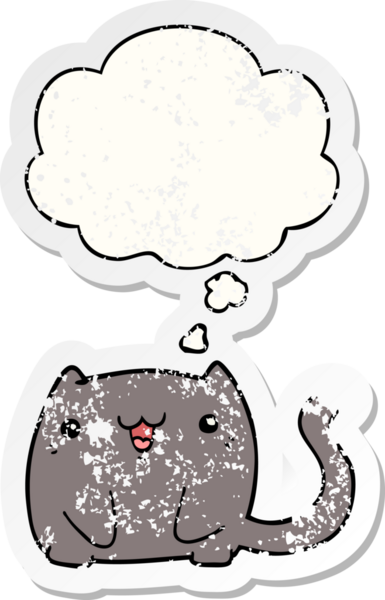Düşünce baloncuğu olan çizgi film kedisi insan tarafından çizilmiş yıpranmış bir çıkartma.