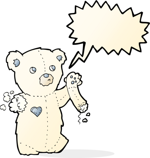 Bir insan tarafından çizilmiş konuşma balonlu yırtık kollu oyuncak kutup ayısı.