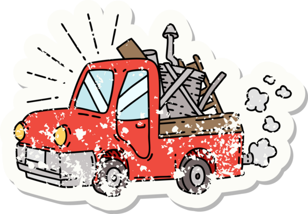 Bir insan tarafından çizilmiş döküntüleri taşıyan dövme stili bir kamyonun eski çıkartması.