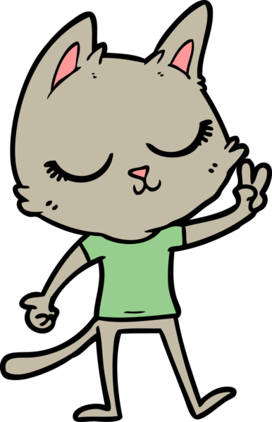 Sakin çizgi film kedisi bir insan tarafından çizilmiş barış işareti veriyor.