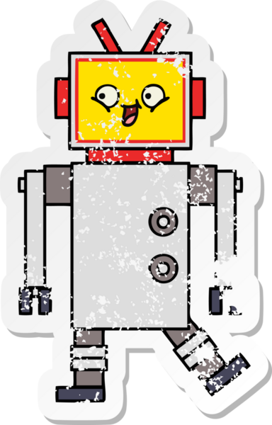 Bir insan tarafından çizilmiş sevimli bir robot çizgi film çıkartması.