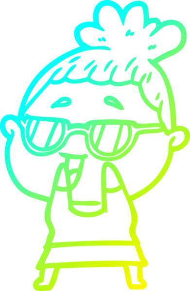 Bir insan tarafından çizilmiş gözlük takan mutlu bir kadının çizgi film çizimi.