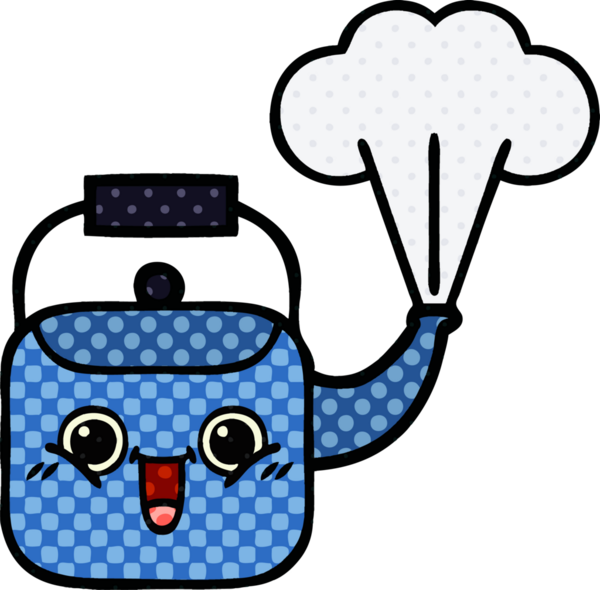 Bir insan tarafından çizilmiş dumanı tüten bir çaydanlığın çizgi romanı.