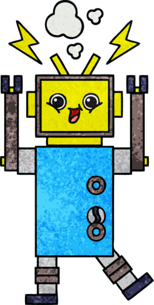 Bir insan tarafından çizilmiş mutlu bir robotun retro grunge dokusu.