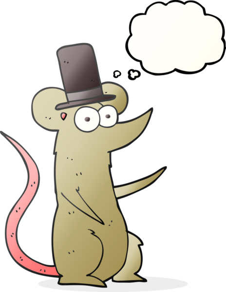 Bir insan tarafından çizilmiş silindir şapkalı baloncuk çizgi film faresi.