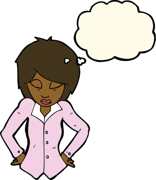 Bir insan tarafından çizilmiş düşünce baloncuğu olan elleri kalçasında çizgi film kadını.