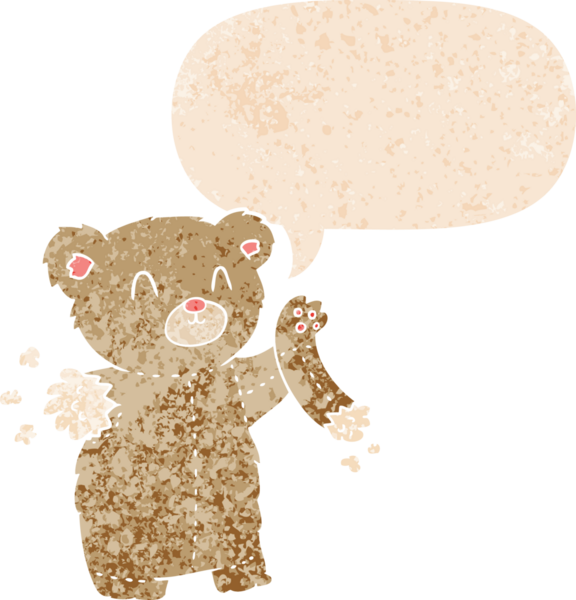 Yırtık kollu çizgi film ayıcığı grunge 'da konuşma baloncuğu olan, bir insan tarafından çizilmiş, sıkıntılı, eski moda bir oyuncak ayı.