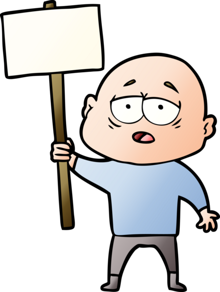 Bir insan tarafından çizilmiş yorgun, kel bir adam.