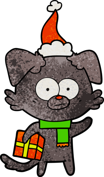 Bir insan tarafından çizilmiş Noel Baba şapkası takan sinirli köpek eli çizilmiş bir karikatür.