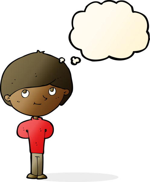 Bir insan tarafından çizilmiş düşünce balonu olan mutlu çocuk çizgi filmi.