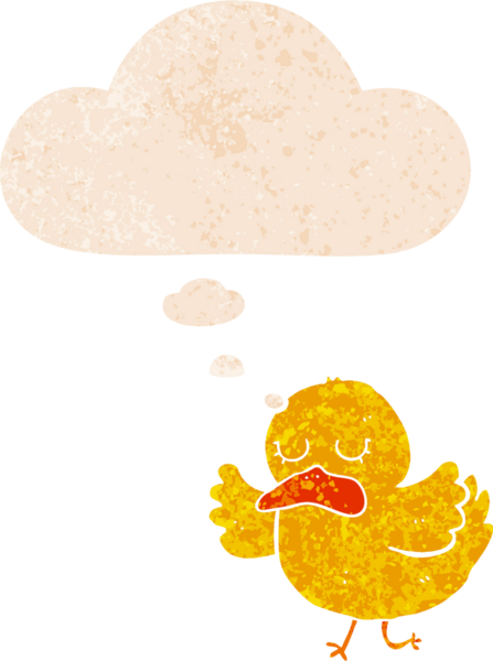 Düşünce baloncuğu ve grunge ile çizgi film ördeği bir insan tarafından çizilmiş sıkıntılı retro tarzı