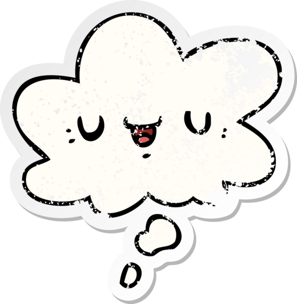 Düşünce baloncuklu mutlu çizgi film yüzü bir insan tarafından çizilmiş yıpranmış bir çıkartma gibi.