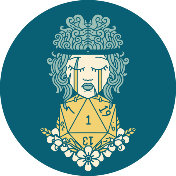 Bir insan tarafından çizilmiş doğal bir D20 ile ağlayan insan barbarlığının simgesi.